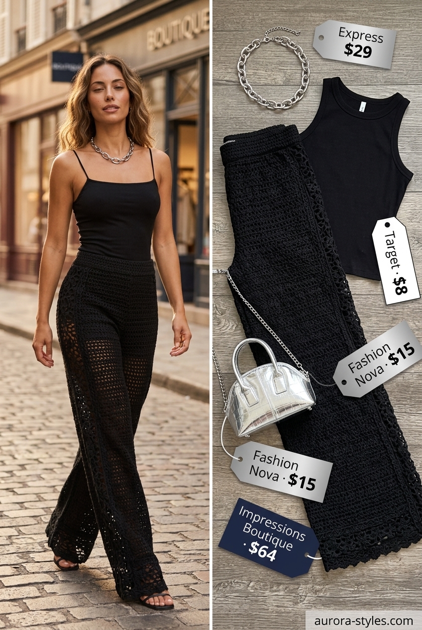 Black wide-leg crochet pants for urban nights. Summer crochet outfits for women 2026. Edgy fashion-forward concert or party look.