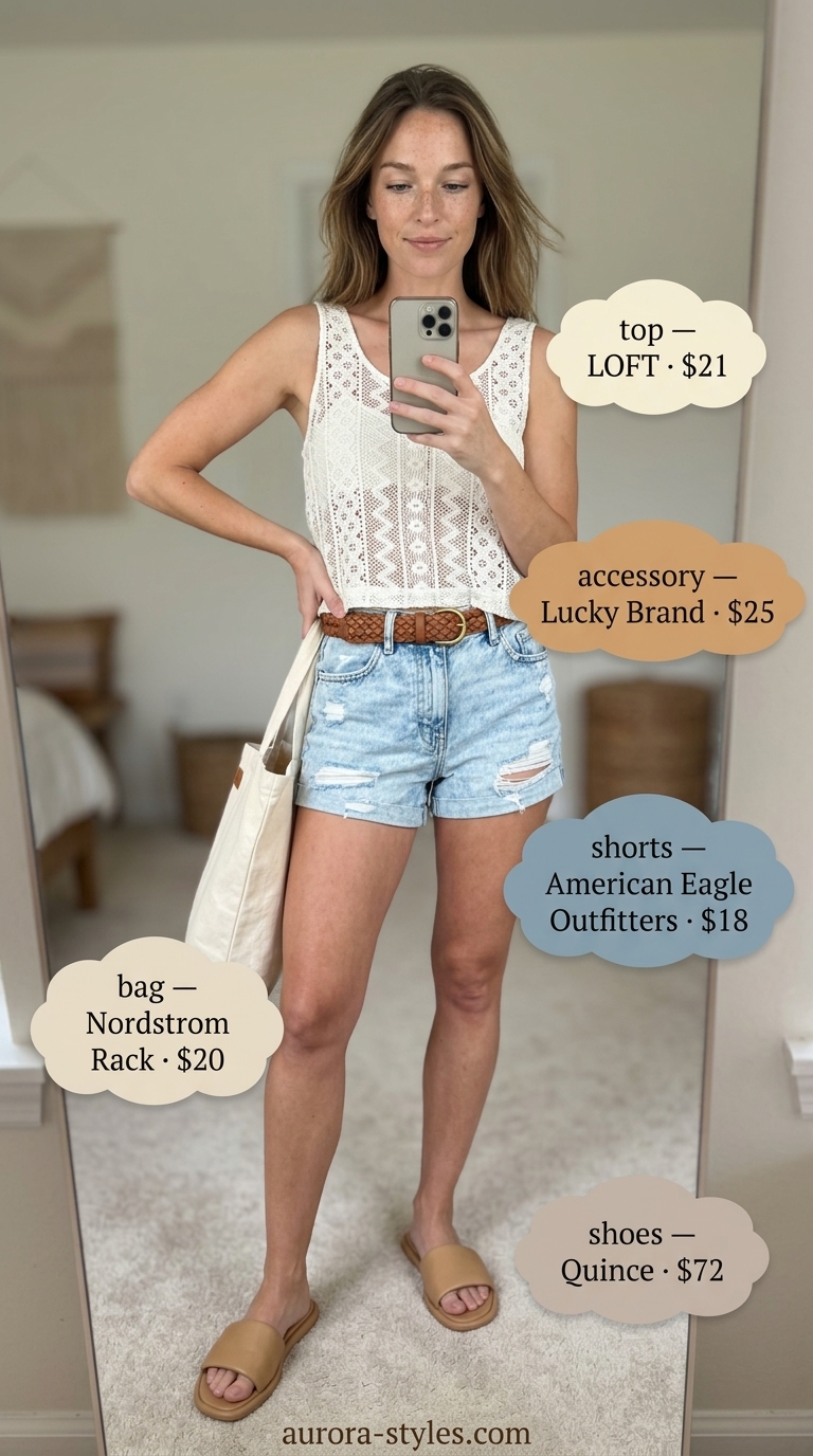 Artisanal beige crochet tank top with denim shorts for summer crochet outfits for women 2026.