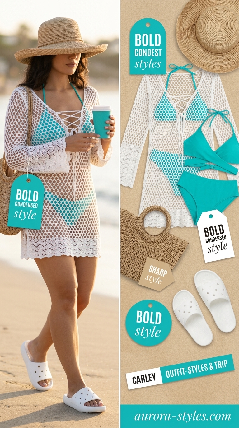 Effortless white crochet kimono cover-up with turquoise bikini for summer crochet outfits for women 2026.