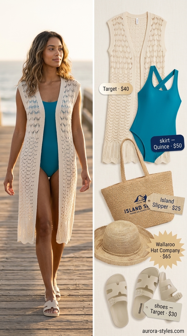 Beachy white crochet duster cover-up with teal swimsuit for summer crochet outfits for women 2026.