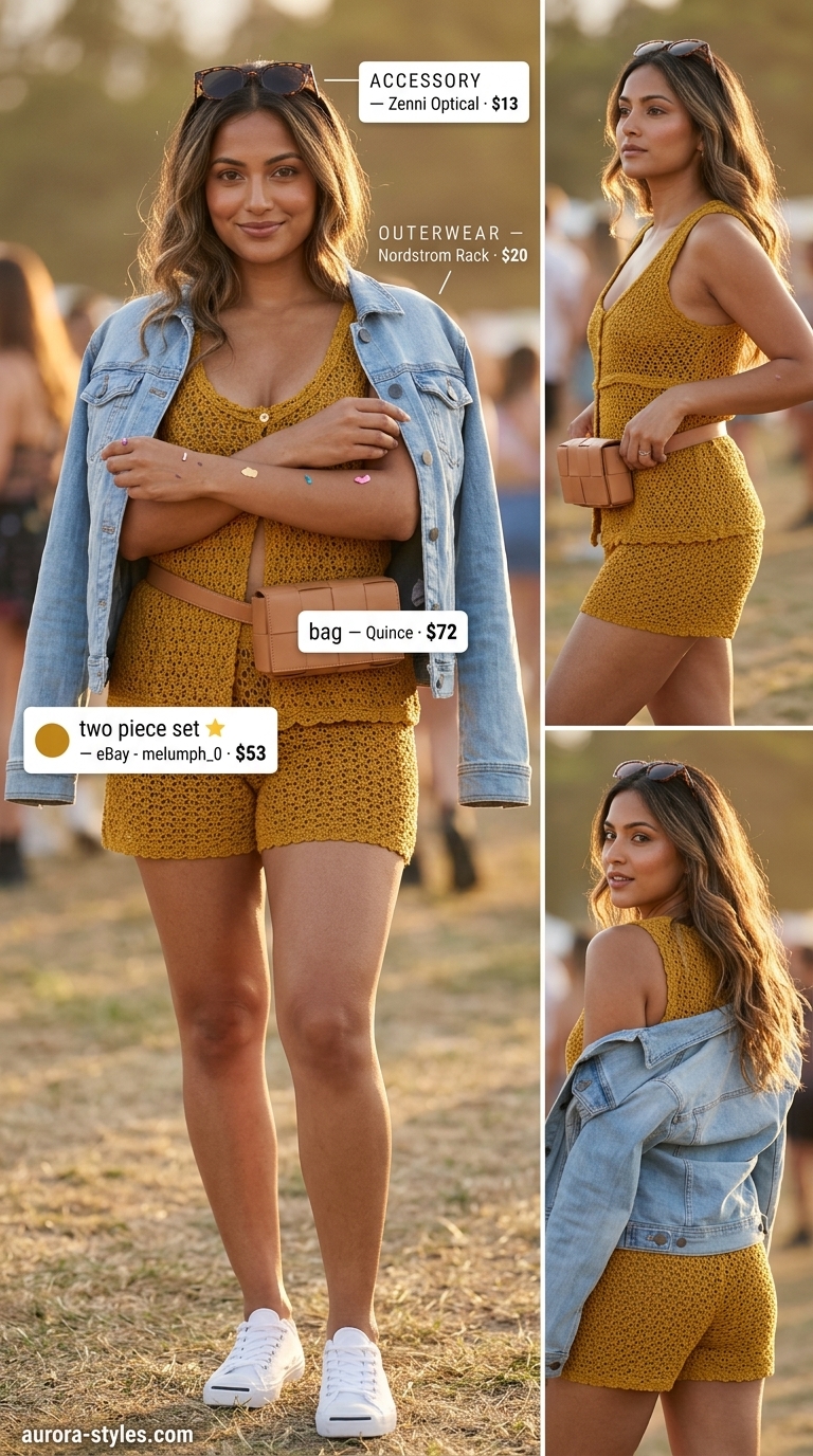 Fun mustard yellow crochet shorts set with denim jacket for summer crochet outfits for women 2026.