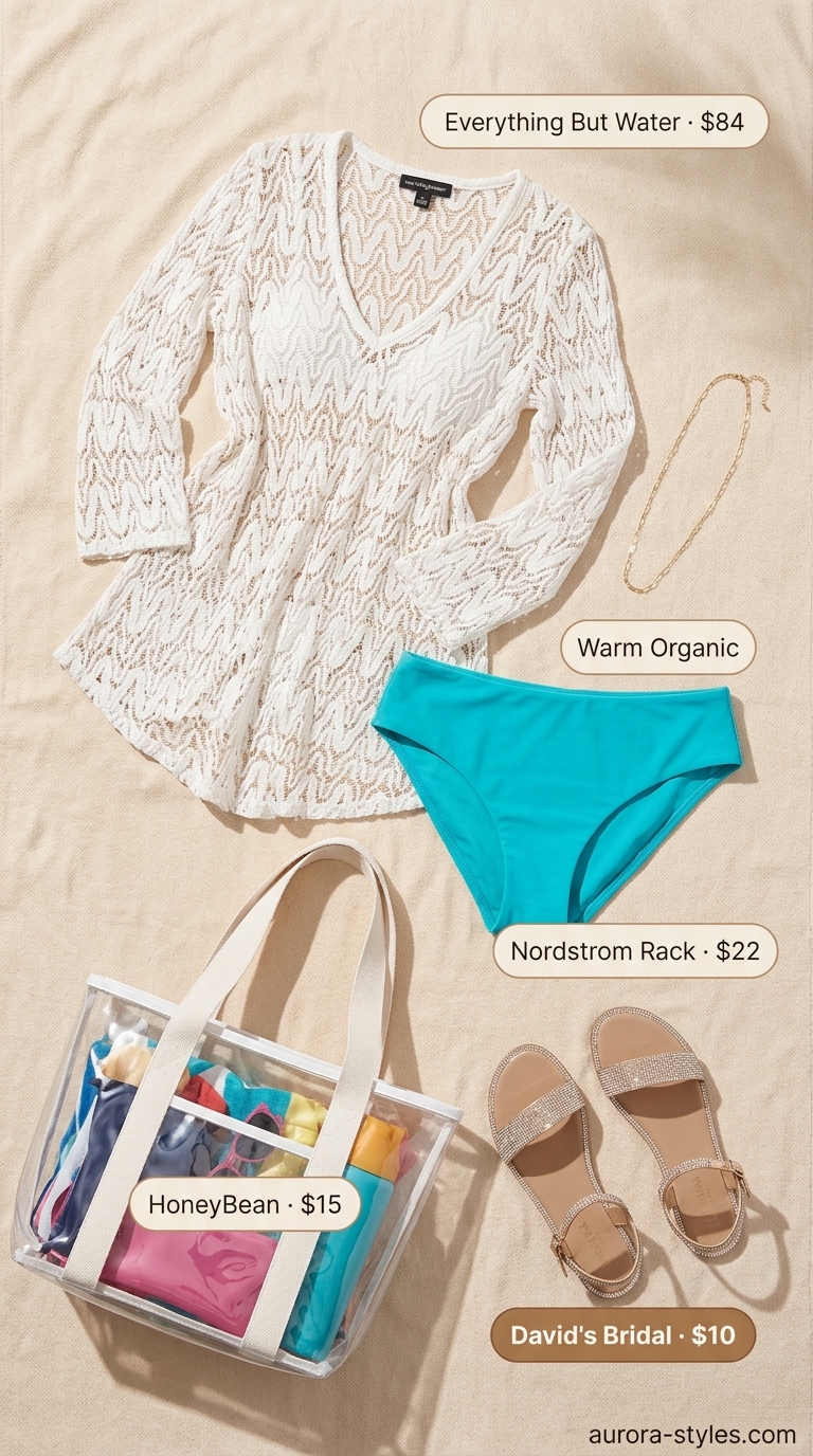 Relaxed white crochet tunic cover-up over turquoise bikini for summer crochet outfits for women 2026.