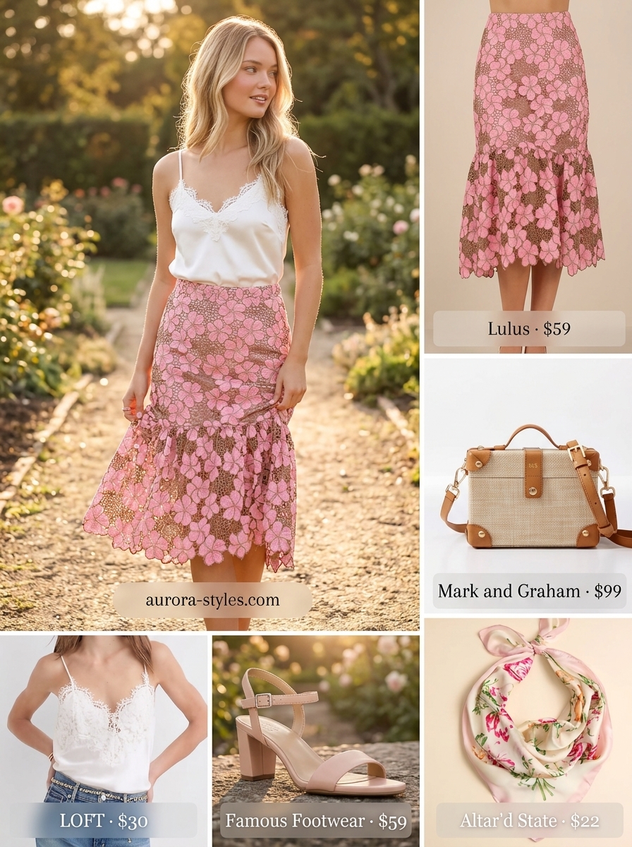 Romantic white crochet lace midi skirt with pastel pink camisole for summer crochet outfits for women 2026.