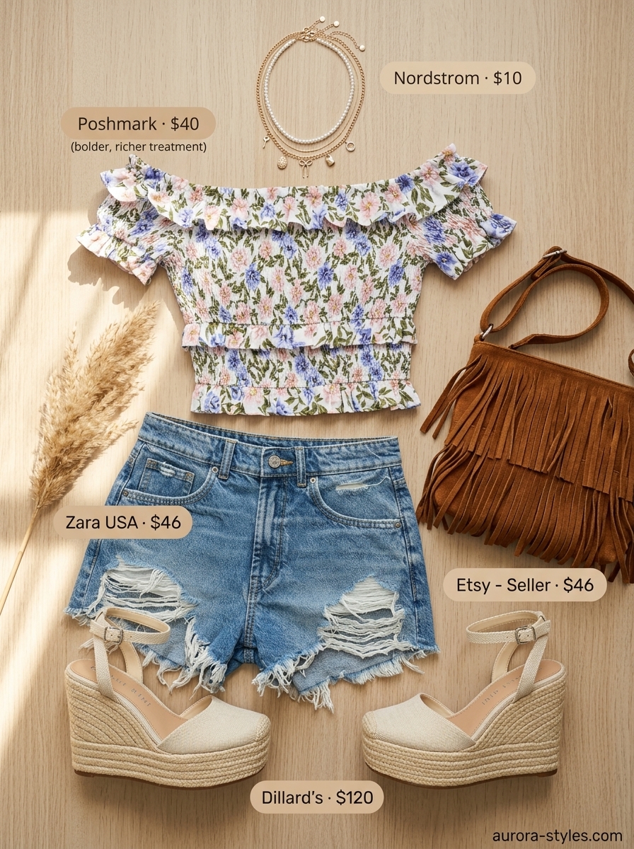 Summer crop top outfits for women 2026: Floral smocked crop top with denim shorts, espadrilles, and fringe bag for festival style.