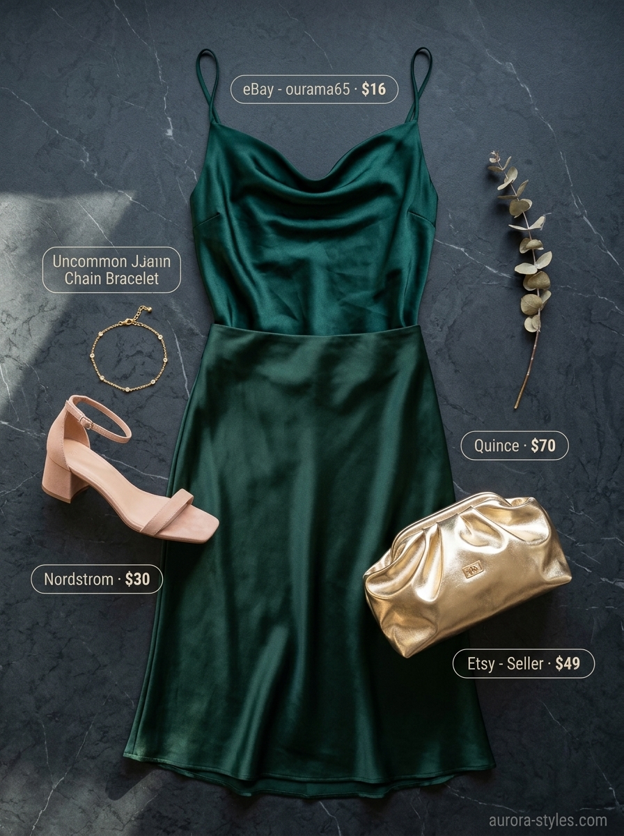 Summer crop top outfits for women 2026: Emerald satin crop cami with satin midi skirt, gold jewelry, and nude sandals for evening allure.