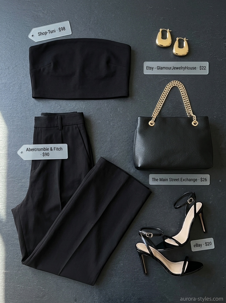 Summer crop top outfits for women 2026: Black bandeau crop top with wide-leg trousers, gold hoops, and strappy sandals for evening elegance.