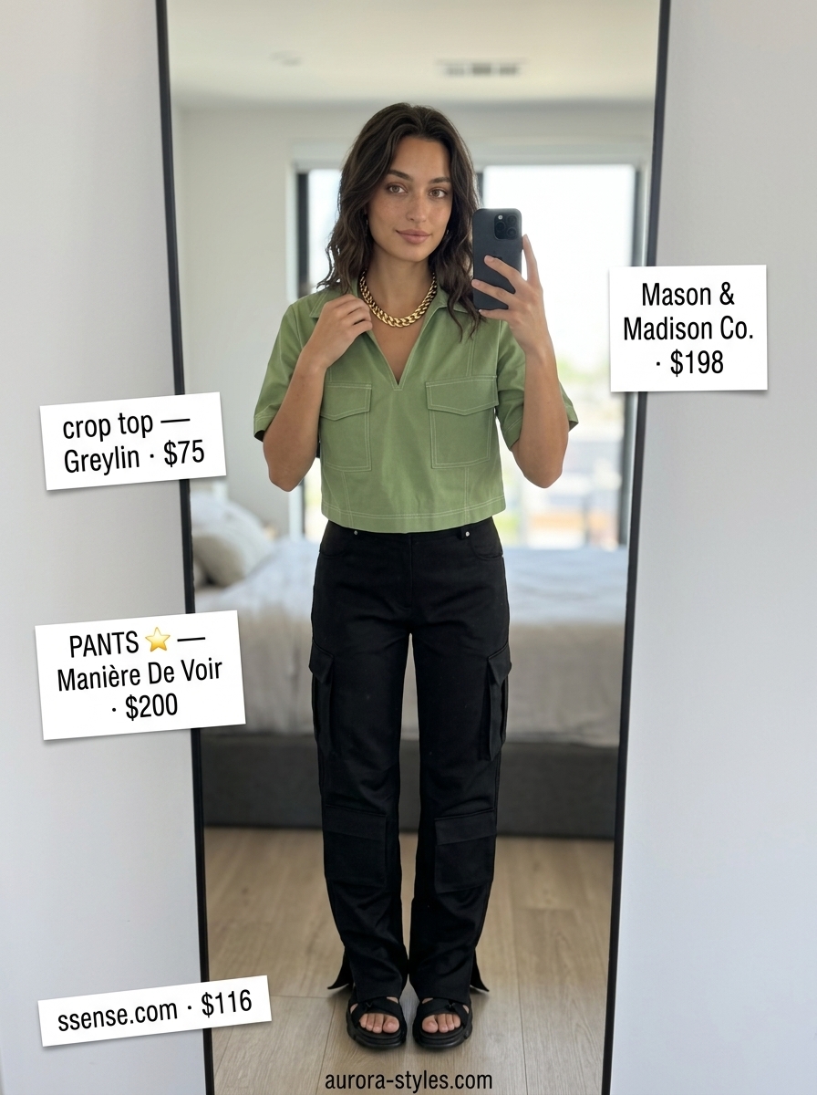 Summer crop top outfits for women 2026: Khaki utility crop top with black cargo pants, gold necklace, and chunky sandals for urban exploration.