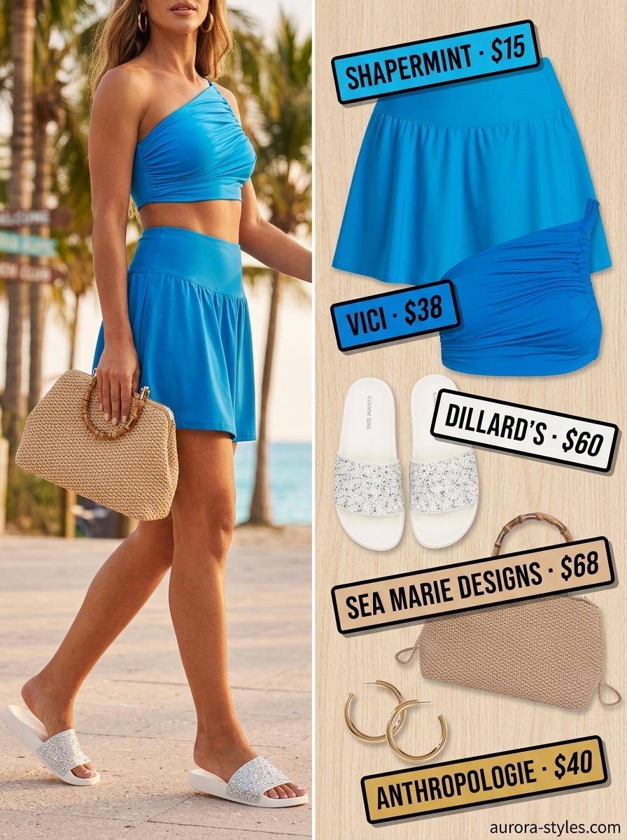 Glamorous summer crop top outfits for women 2026: Azure blue one-shoulder top, swim skirt, and embellished sandals.