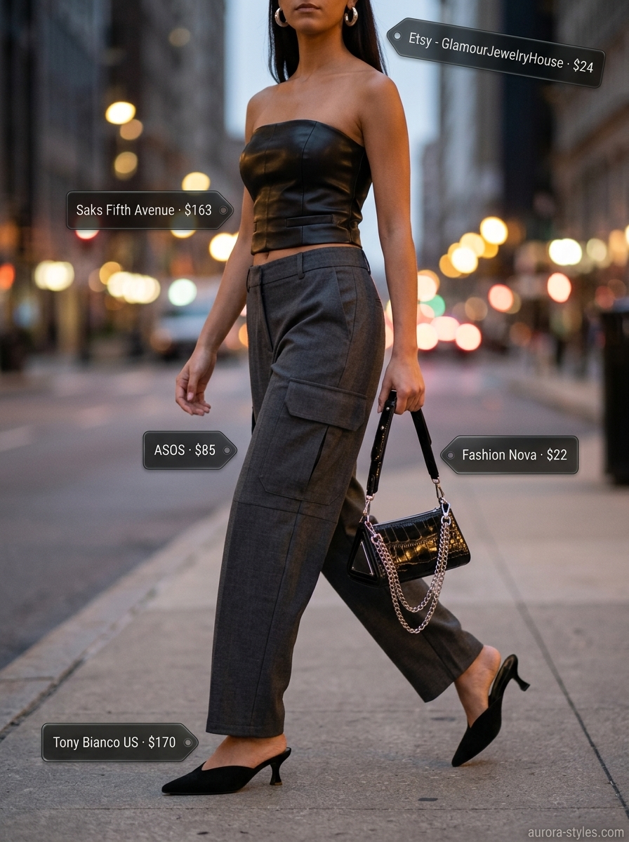 Edgy summer crop top outfits for women 2026: Black bandeau top, cargo pants, and heeled mules for evening.