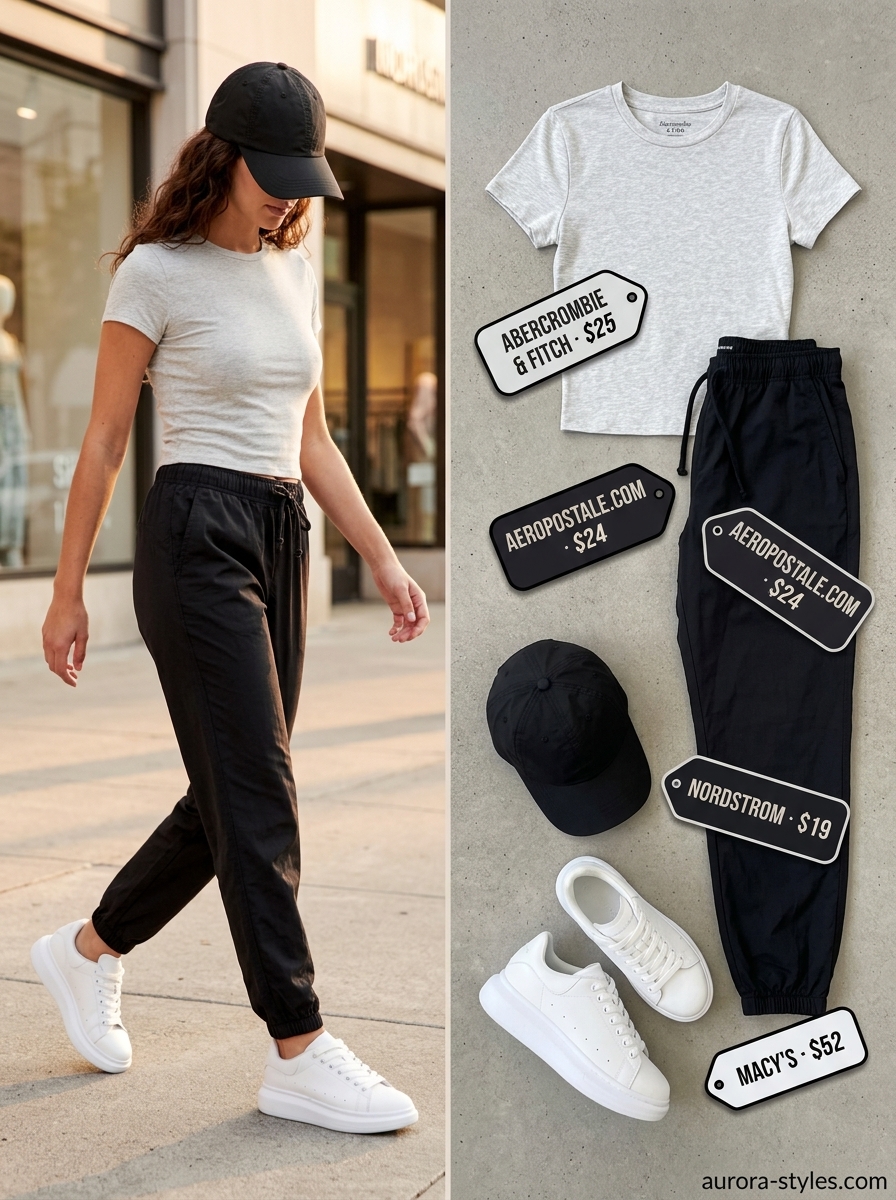 Casual summer crop top outfits for women 2026: Grey tee, black joggers, baseball cap, and sneakers for a relaxed look.