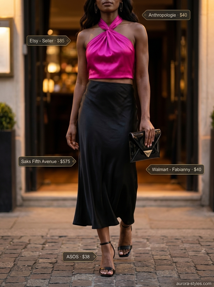 Bold summer crop top outfits for women 2026: Fuchsia halter top, black maxi skirt, and strappy sandals for dinner.
