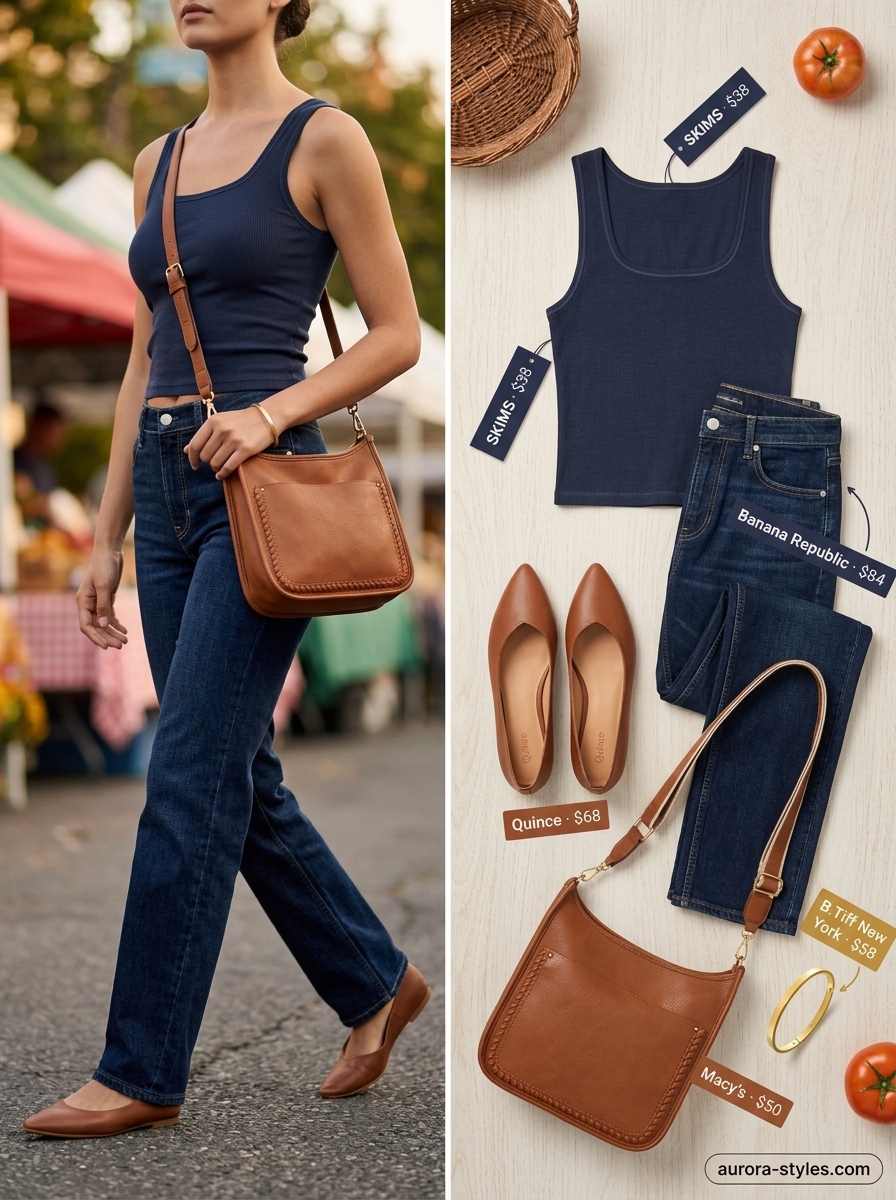 Casual summer crop top outfits for women 2026: Navy ribbed tank, dark wash jeans, and ballet flats for market day.