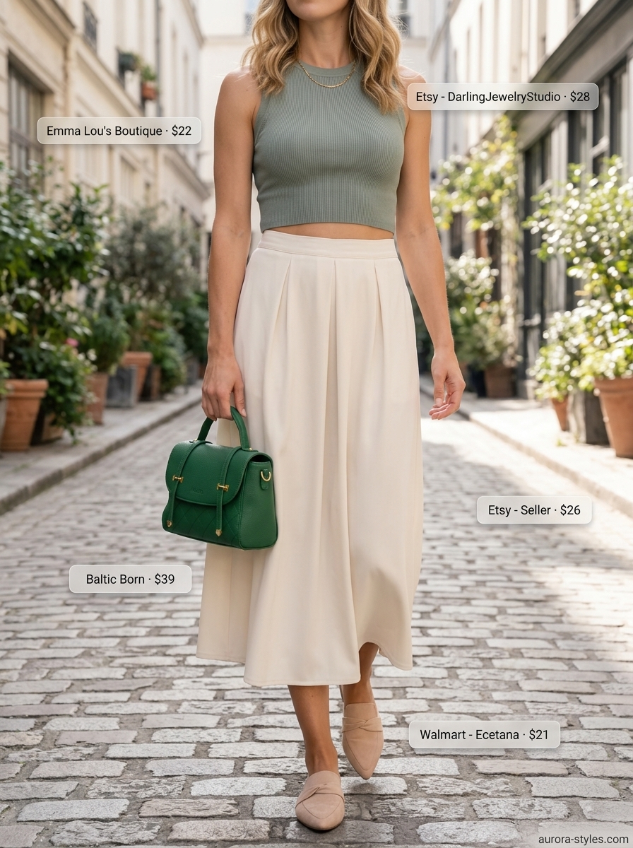 Chic summer crop top outfits for women 2026: Sage green knit top, midi skirt, and mules for city strolls.