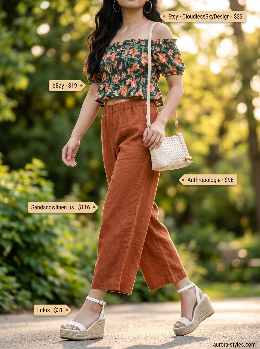 Vibrant summer crop top outfits for women 2026: Tropical off-shoulder top, orange culottes, and espadrilles for park fun.