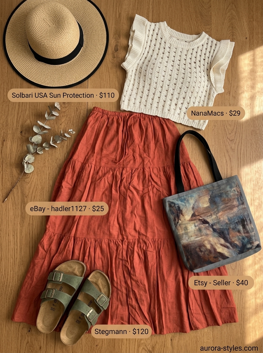Relaxed summer crop top outfits for women 2026: Cream crochet crop top with terracotta linen maxi skirt.