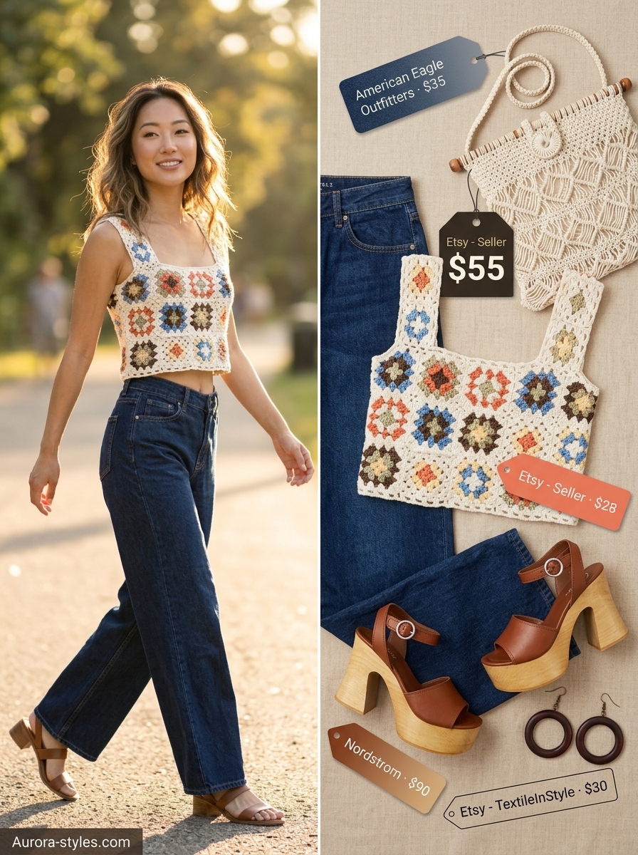 Artsy summer crop top outfits for women 2026: Ivory crochet crop top with dark wash wide-leg jeans.