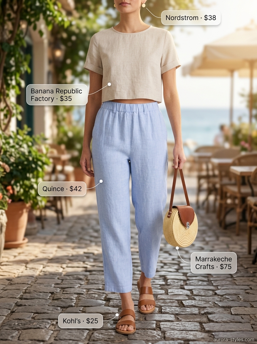 Resort wear summer crop top outfits for women 2026: Linen crop top with wide-leg linen pants for vacation.