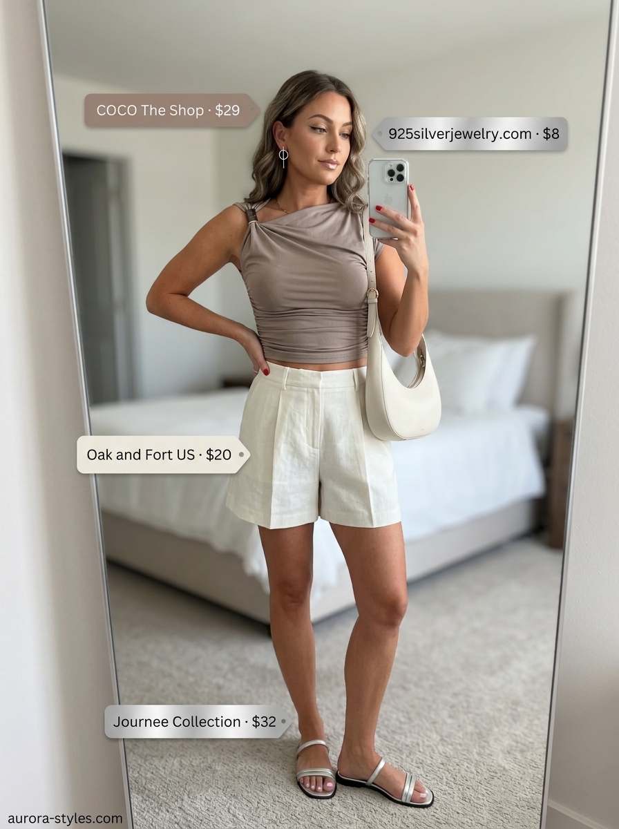 Modern summer crop top outfits for women 2026: Taupe one-shoulder crop top with tailored shorts for events.