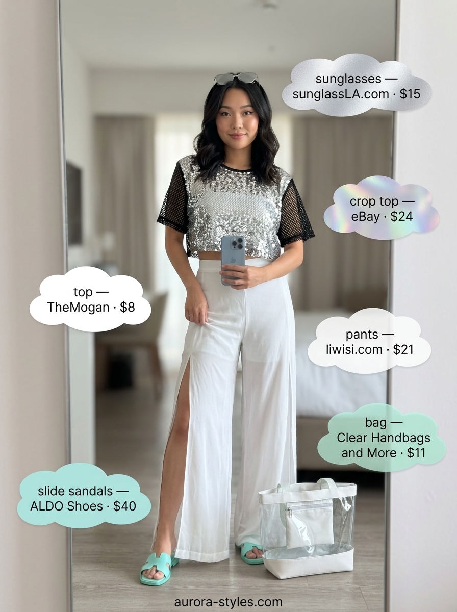 Daring summer crop top outfits for women 2026: Iridescent sequin crop top with sheer wide-leg pants.