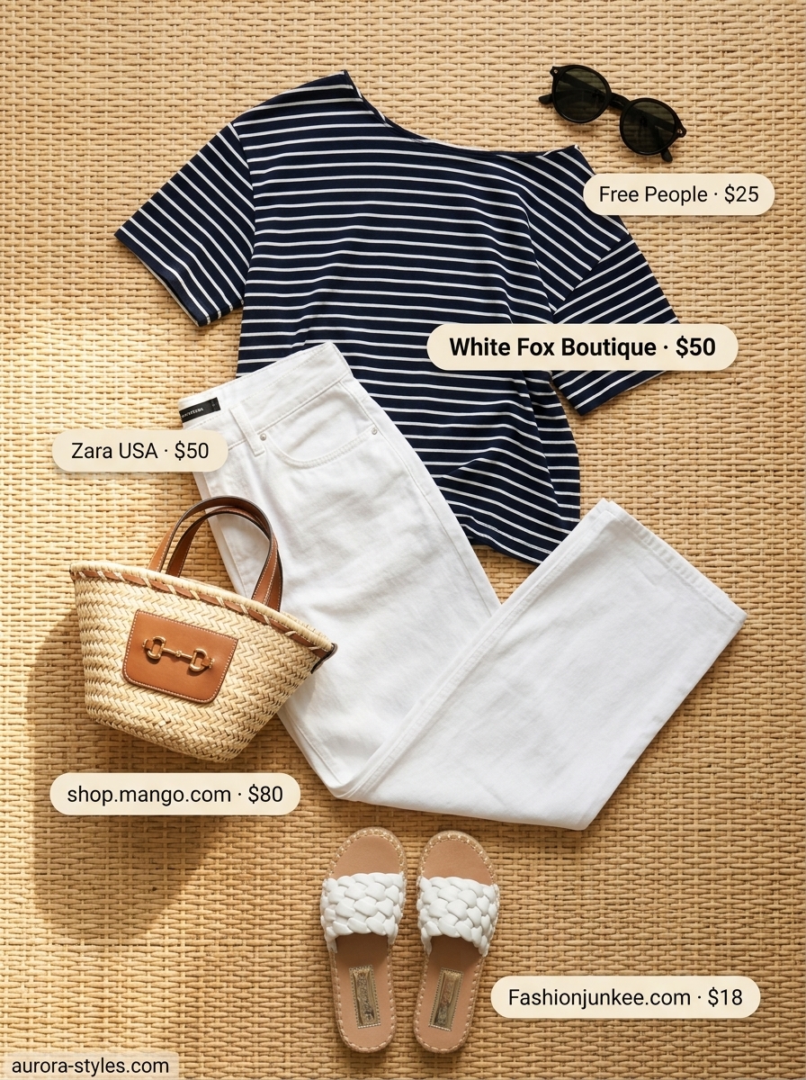 Chic summer crop top outfits for women 2026: Navy stripe off-shoulder crop top with white denim culottes.