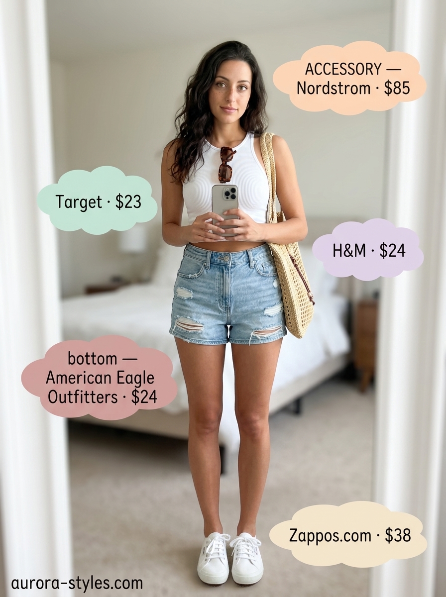 Casual summer crop top outfits for women 2026: White knit cami crop top with light wash denim shorts & straw tote.