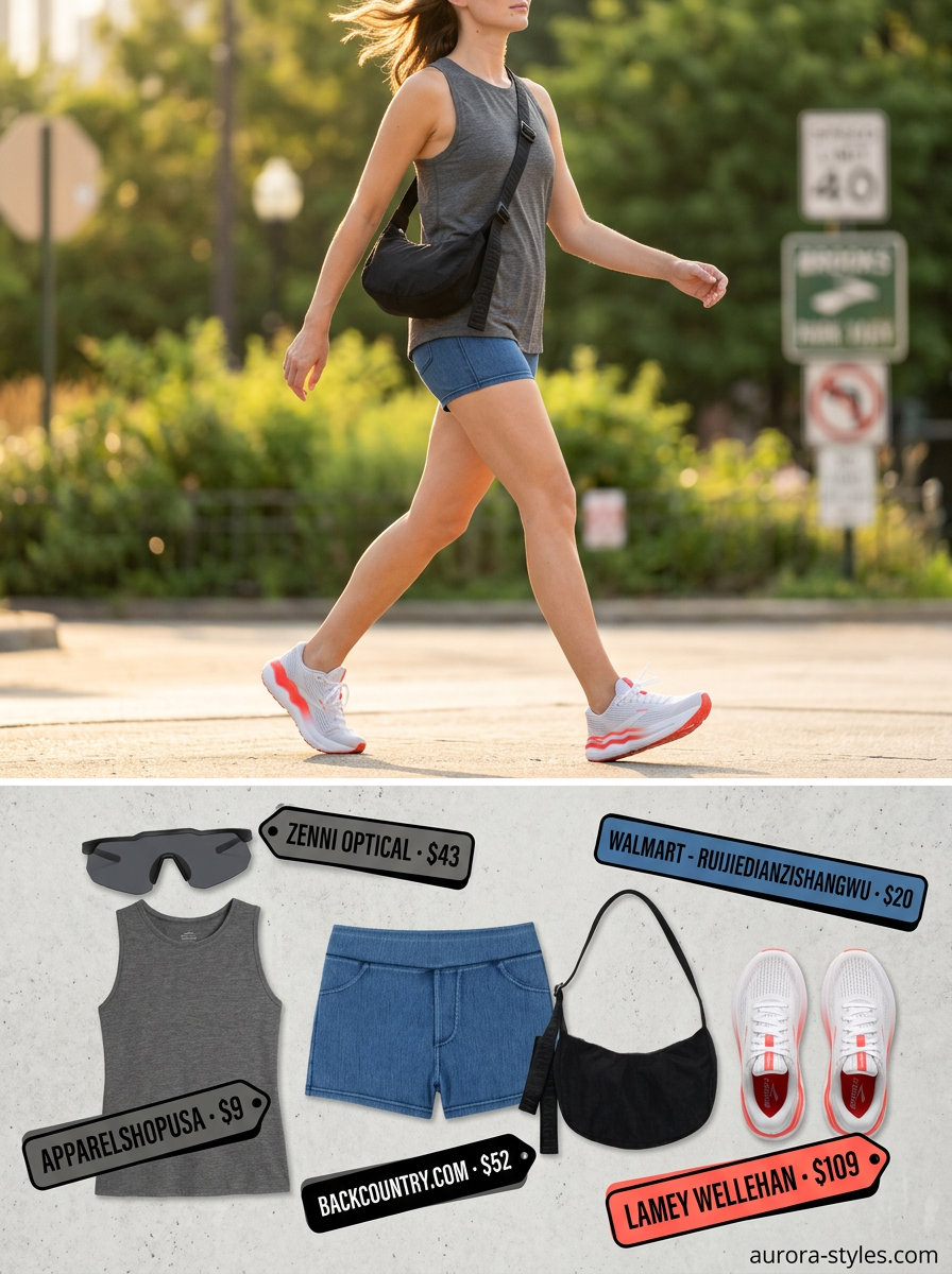 Active outfit with athletic denim shorts, tank top, and sneakers. Summer denim shorts for women 2026.