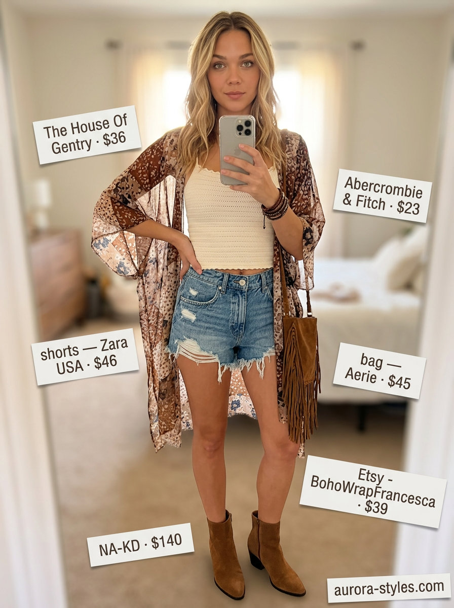Boho festival outfit with high-waisted denim shorts for women 2026 and a printed kimono.