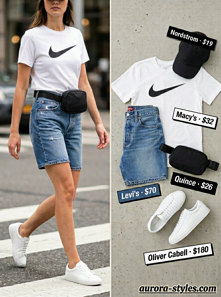 Casual summer denim shorts for women 2026: Medium wash shorts, graphic tee, baseball cap for everyday cool.