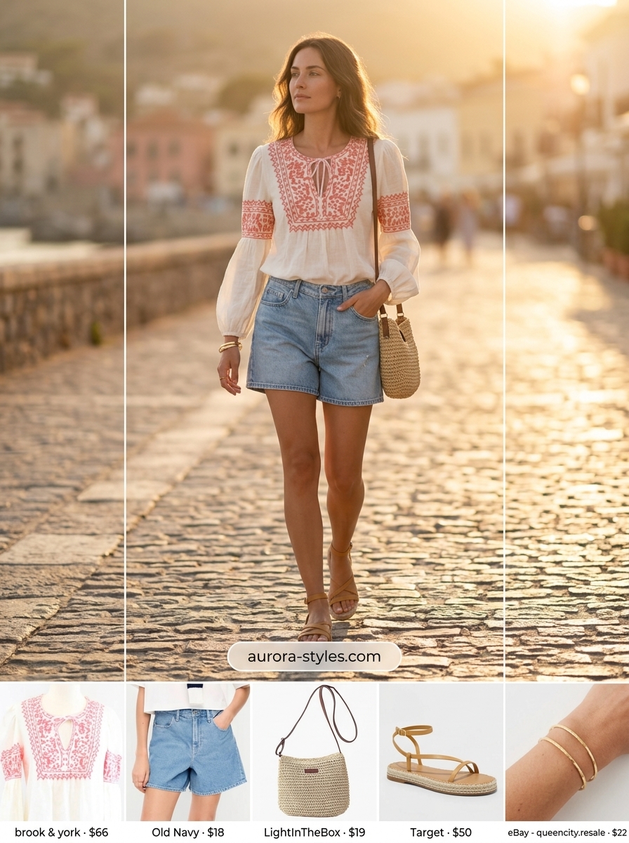 Coastal summer denim shorts for women 2026 with a coral embroidered off-the-shoulder blouse.