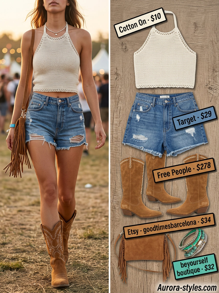 Festival outfit with distressed denim shorts, crochet top, and cowboy boots. Summer denim shorts for women 2026.