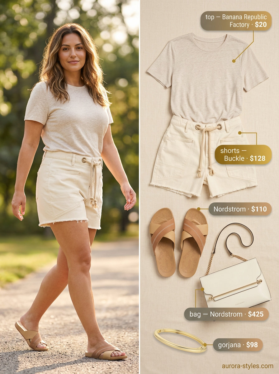 Modern minimalist summer denim shorts for women 2026: Tailored shorts, linen tee, leather slides for casual day out.
