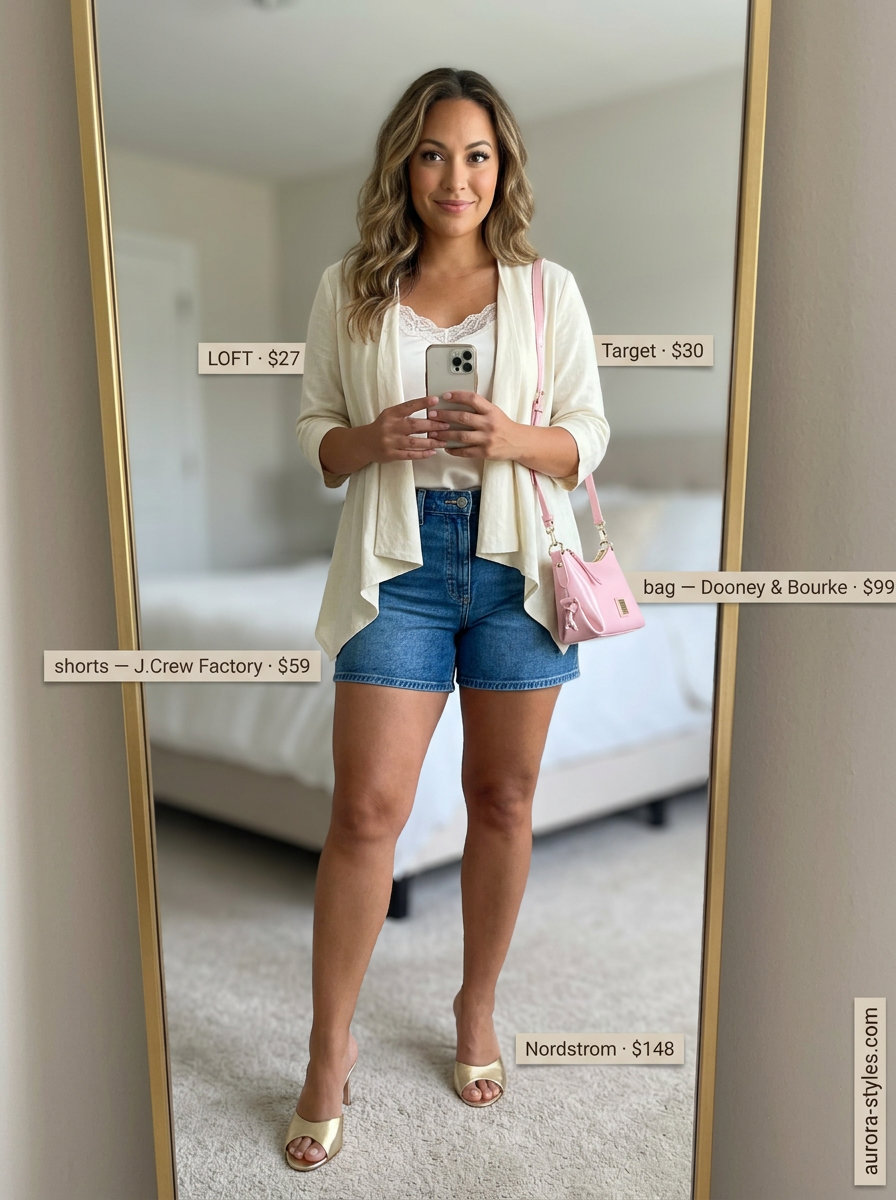 Chic summer denim shorts for women 2026: Mid-blue shorts, blush camisole, linen cardigan for a daytime date.