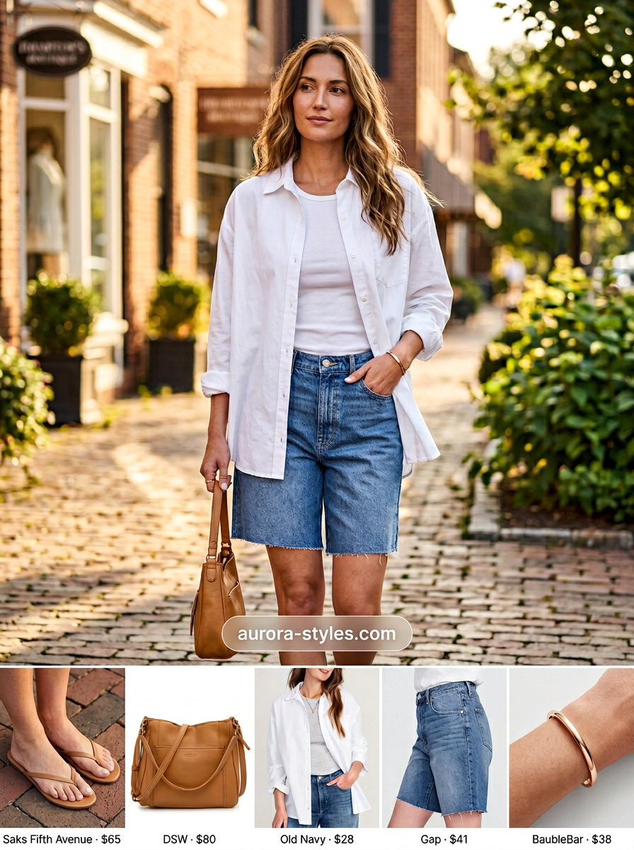 Relaxed summer evening outfit with medium blue denim shorts for women 2026 and an oversized white shirt.