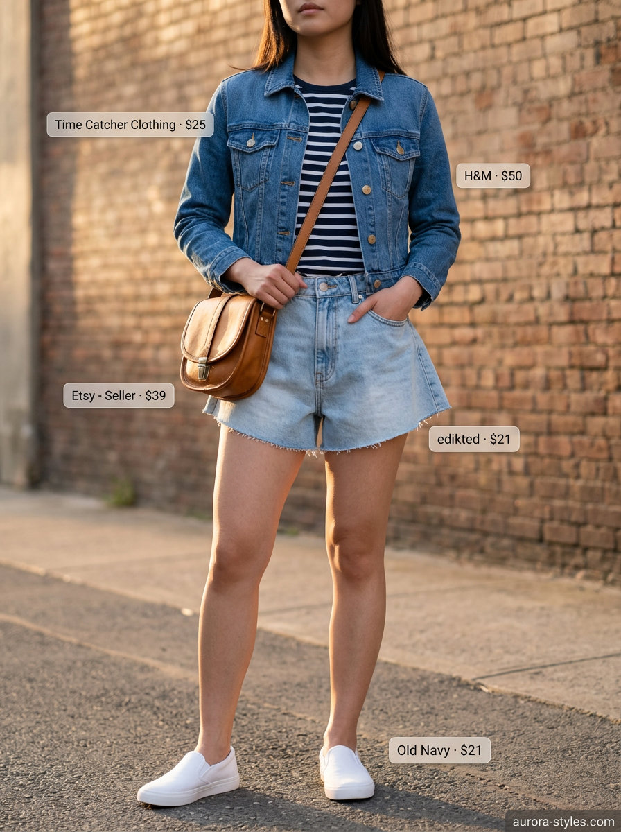 Retro road trip outfit with medium wash denim shorts for women 2026 and a striped t-shirt.