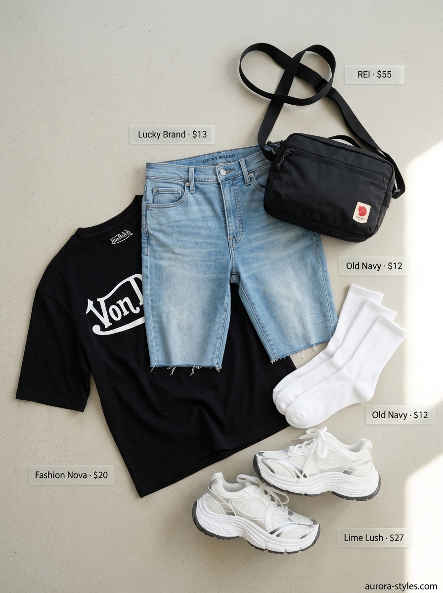 Sporty chic outfit with biker shorts, oversized tee, and dad sneakers. Summer denim shorts for women 2026.