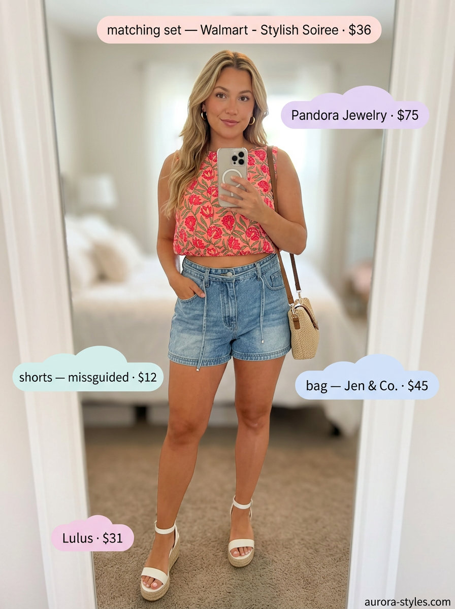 Playful summer denim shorts for women 2026 styled as a matching set with a floral print crop top.
