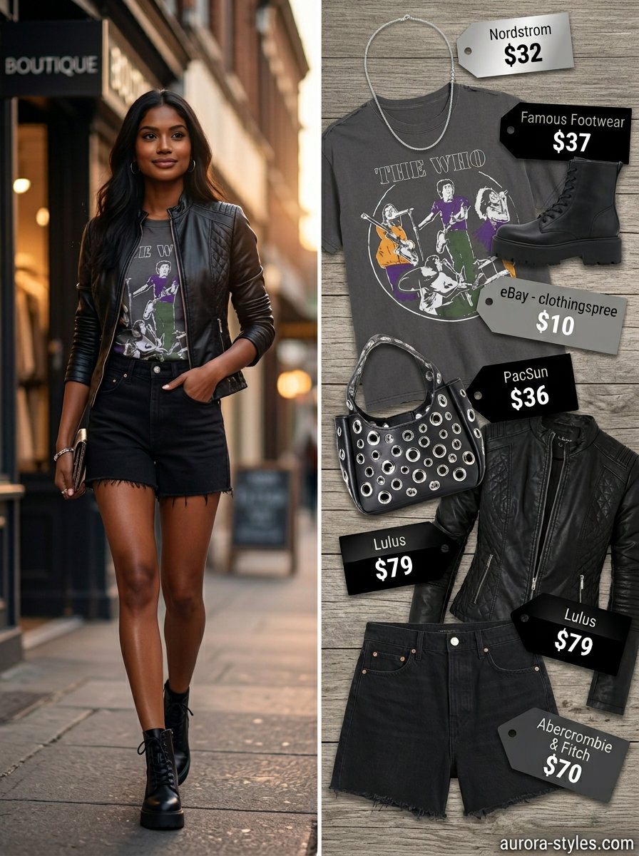Edgy urban outfit with black denim shorts for women 2026, graphic tee, and faux leather moto jacket.