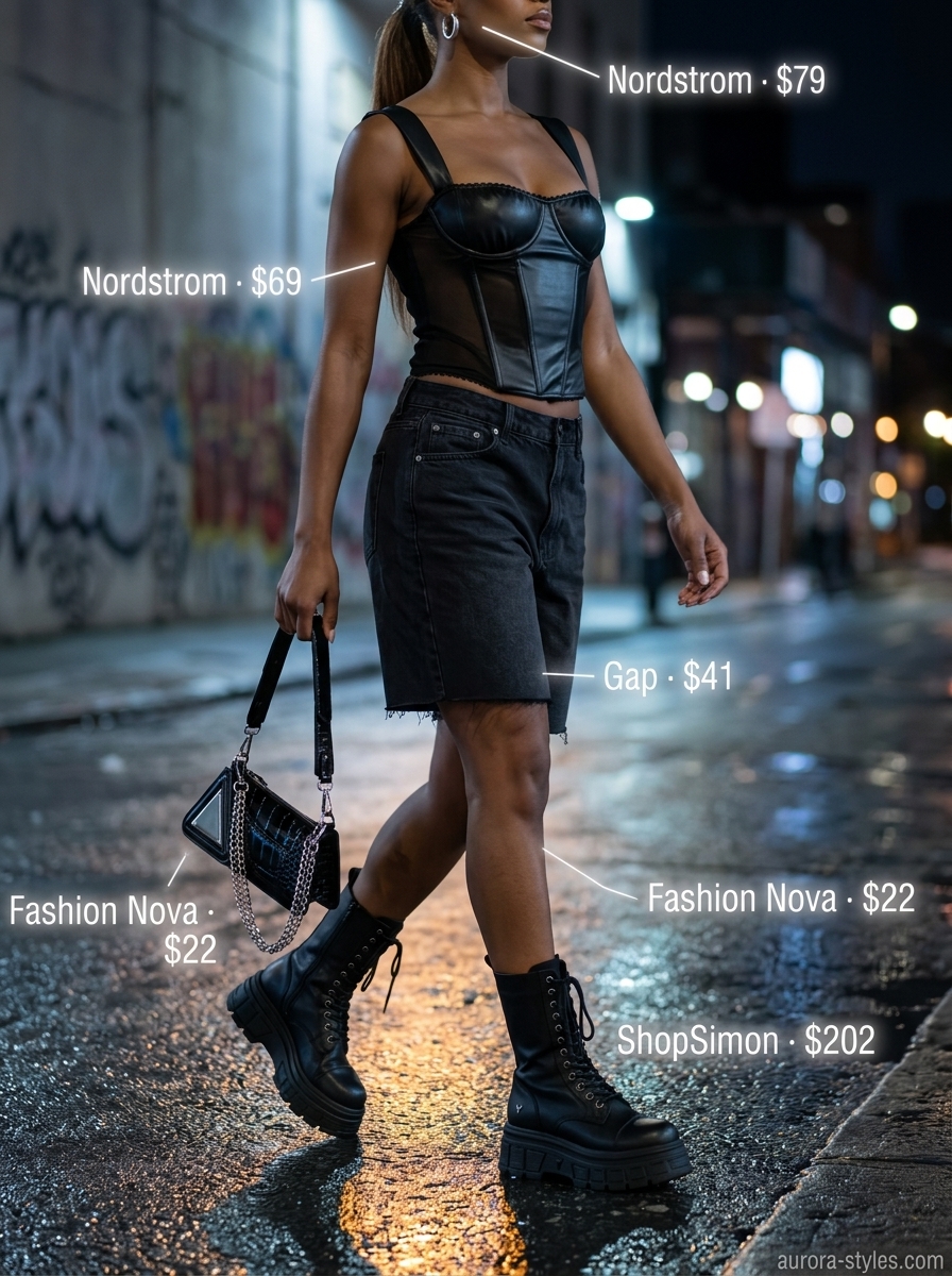 Edgy outfit with black denim shorts, corset top, and platform boots. Summer denim shorts for women 2026.