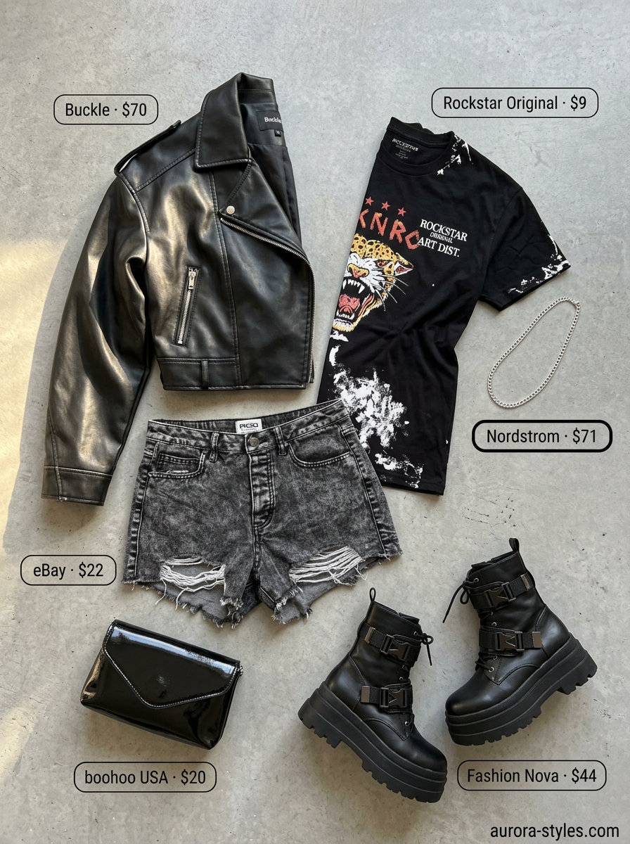 Streetwear concert outfit with distressed denim shorts for women 2026 and a faux leather moto jacket.