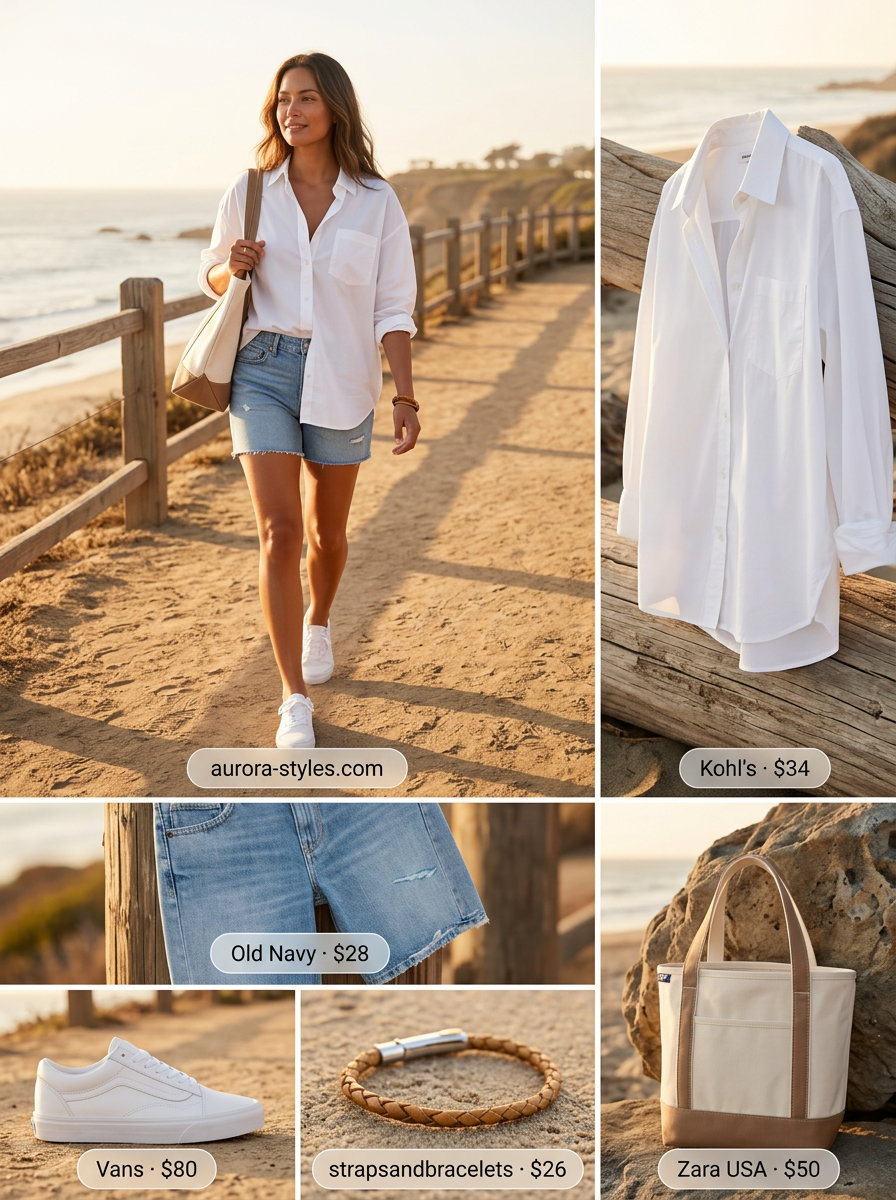 Effortless weekend outfit with medium wash denim shorts for women 2026 and an oversized white button-down.