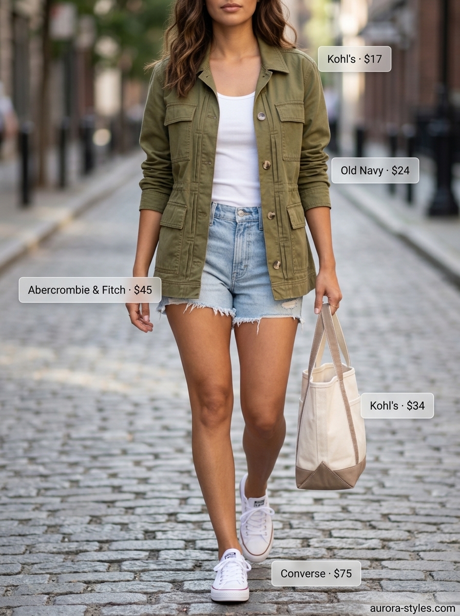 Weekend getaway outfit: Denim shorts, utility jacket, graphic tee, canvas tote for casual travel.