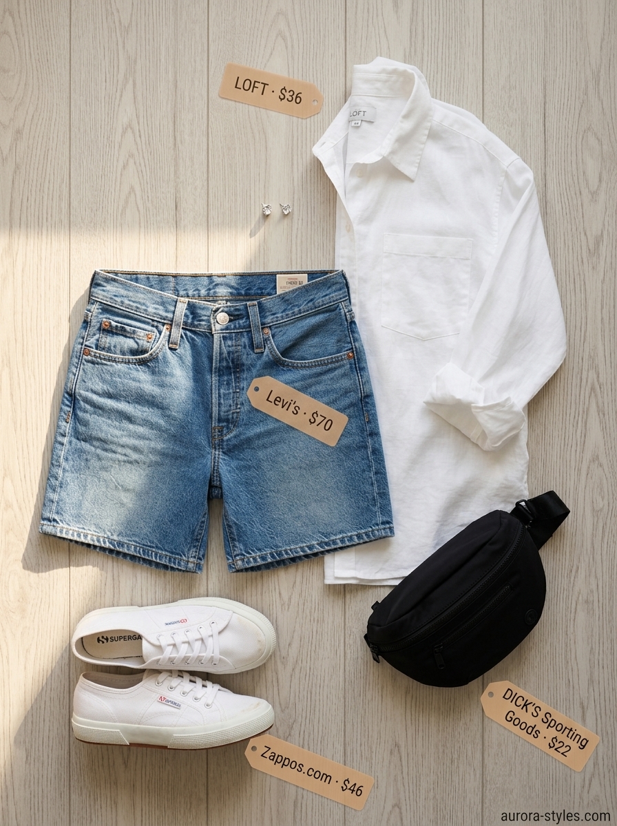 Casual weekend getaway outfit with mid-rise denim shorts for women 2026 and a linen button-down shirt.