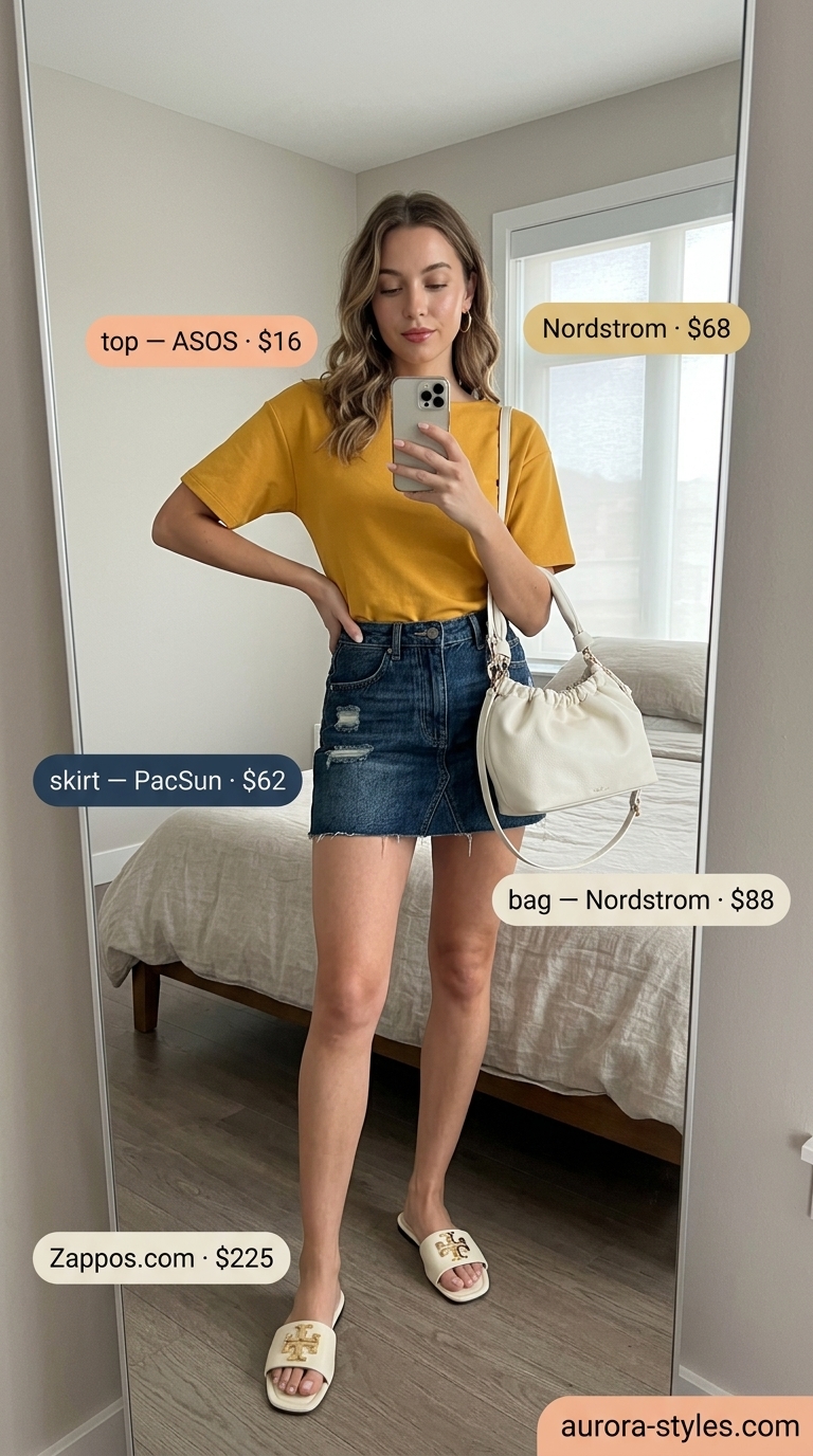 Relaxed summer denim skirt outfit 2026 with knit top, slides, and shoulder bag for evening.