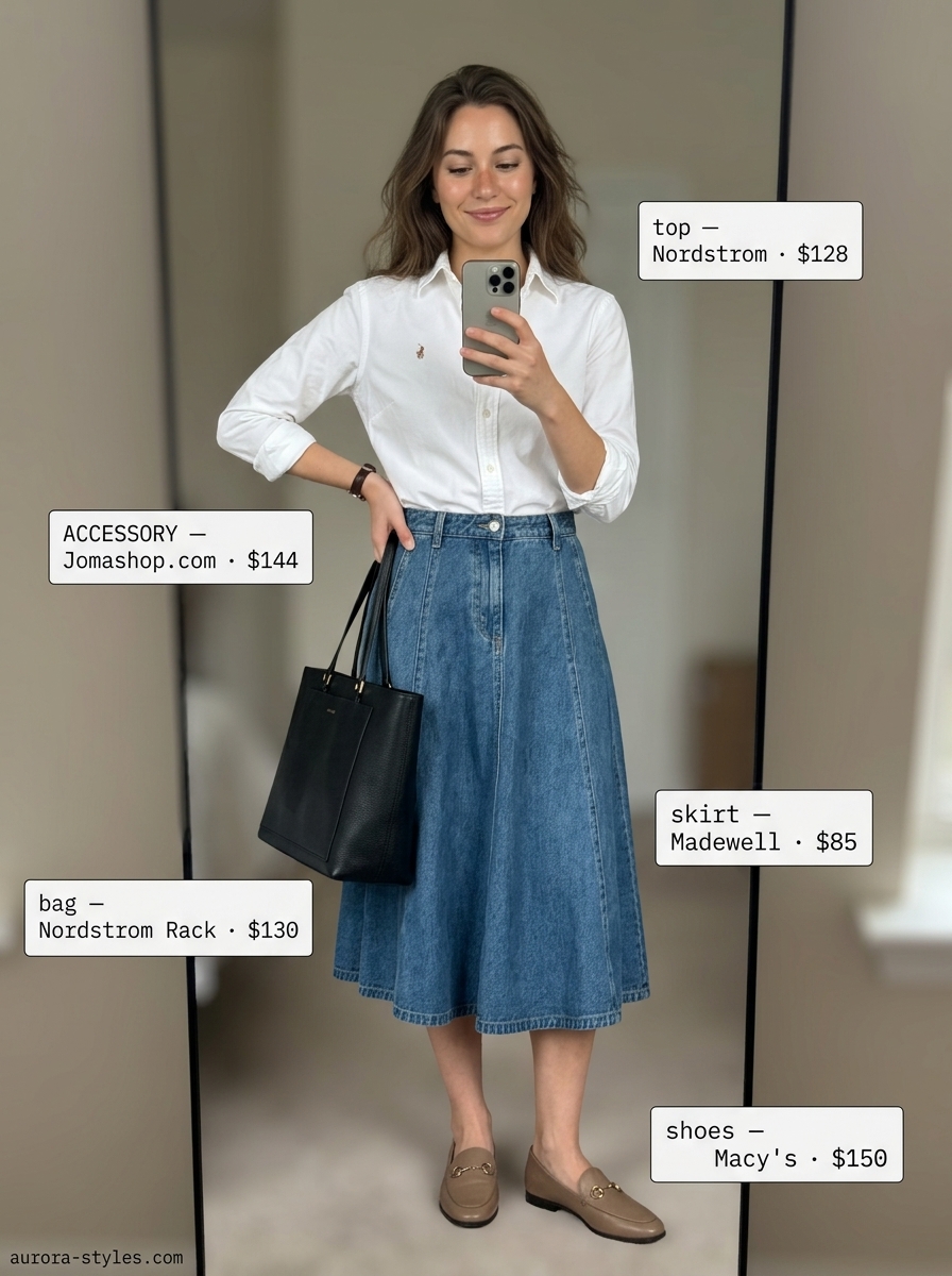 Chic summer office denim skirt outfit 2026 with button-down shirt and loafers.