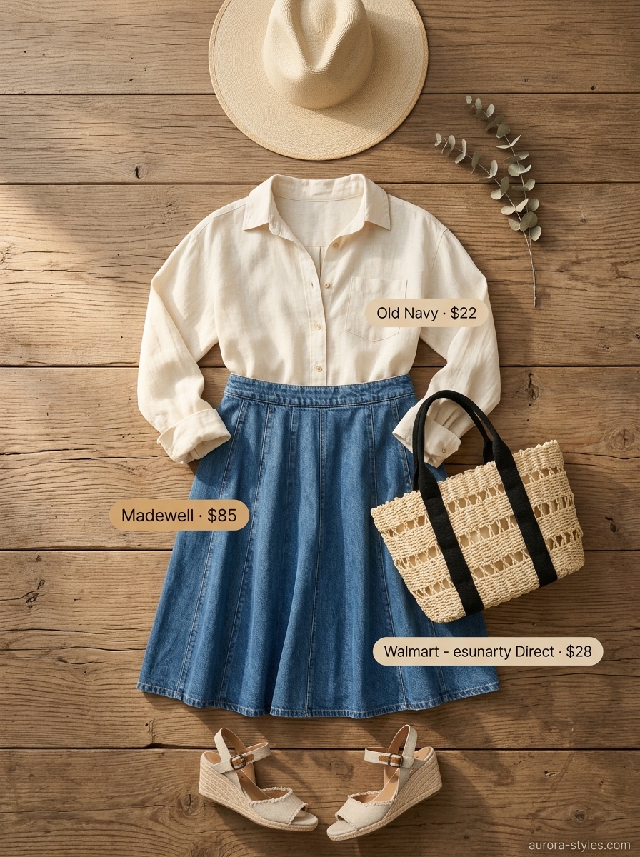 Bohemian summer denim skirt outfit 2026 with linen blouse, espadrilles, and straw hat.