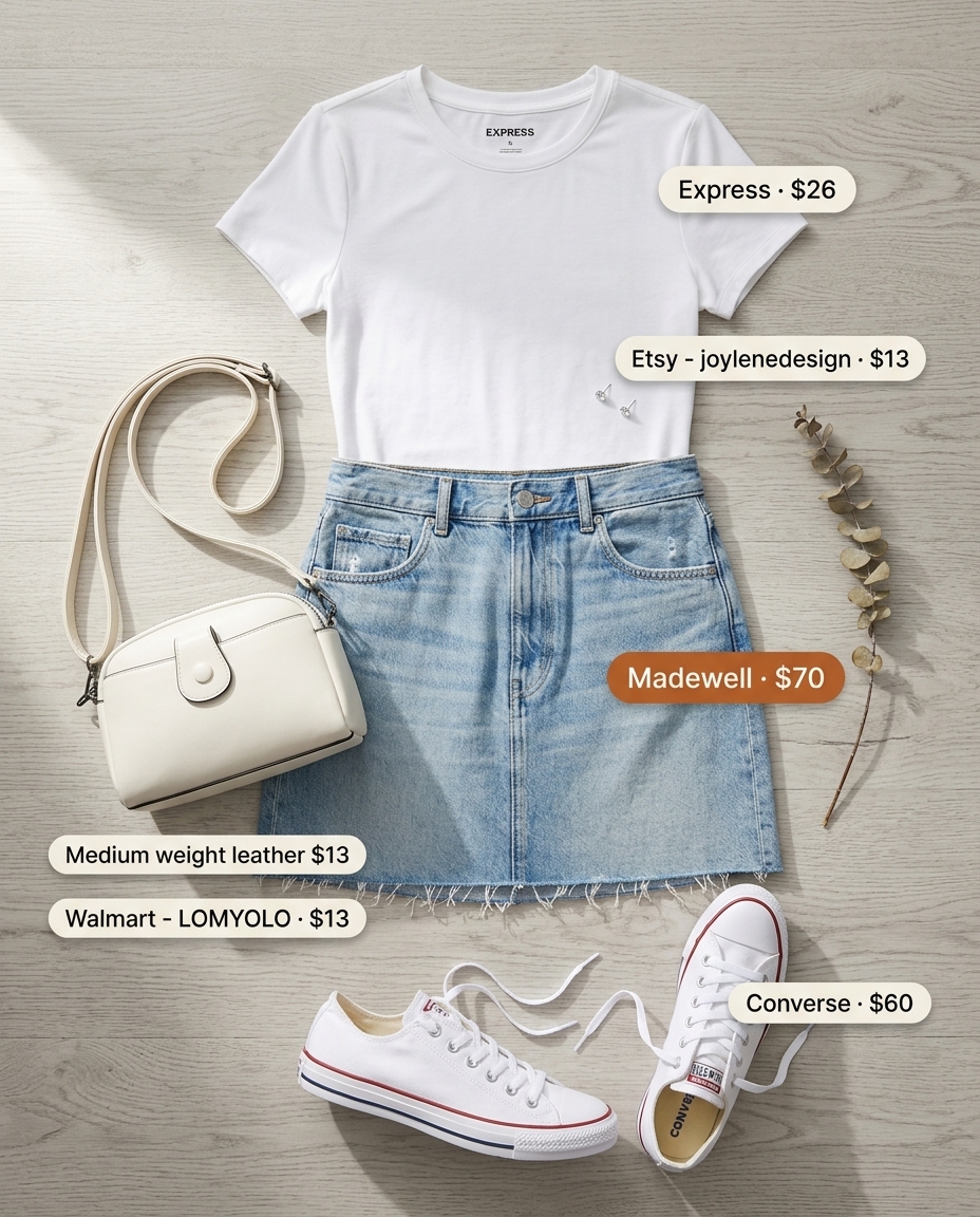 Casual summer denim skirt outfit 2026 with white tee and sneakers for weekend errands.