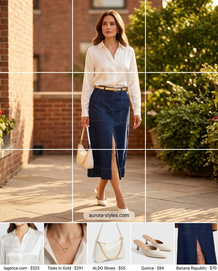 Elegant summer denim skirt outfit 2026 with silk blouse, midi skirt, and mules for brunch.
