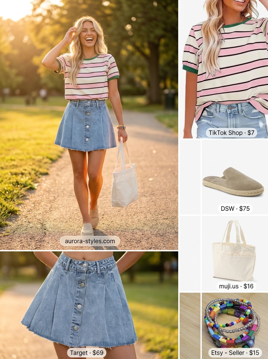 Playful summer denim skirt outfit 2026 with striped tee and espadrilles for picnic.