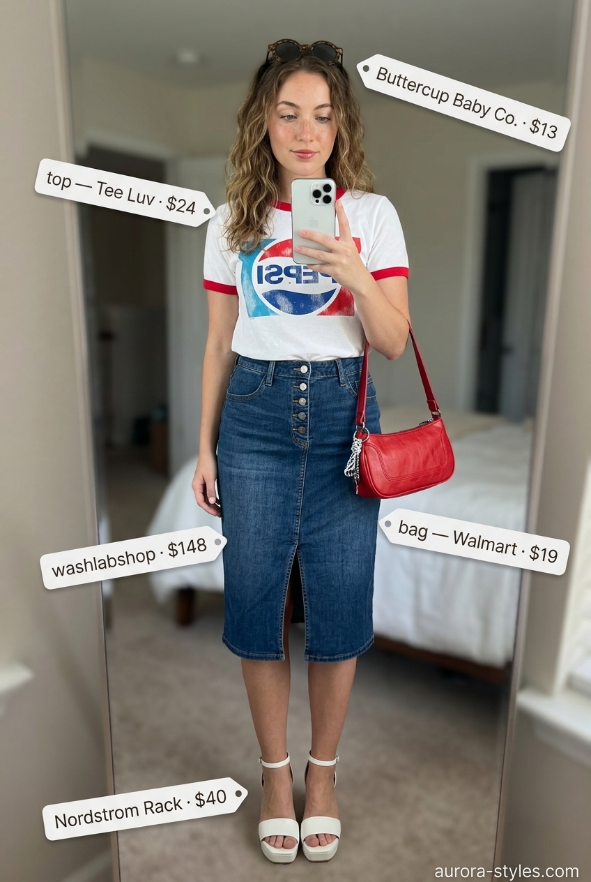 Retro summer denim skirt outfit 2026 with graphic tee, platform sandals, and mini bag.