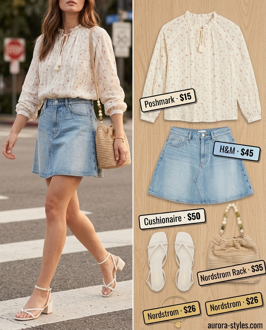 Romantic summer denim skirt outfit 2026 with floral blouse, block heels, and woven bag for date night.